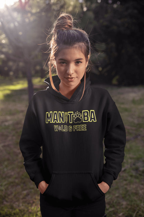 Get ready to embrace your inner wild with this Manitoba hoodie, featuring a bear paw for the ‘O’ and wheat for the ‘I’—because nothing says ‘wild and free’ like a province where bears and wheat fields both thrive.